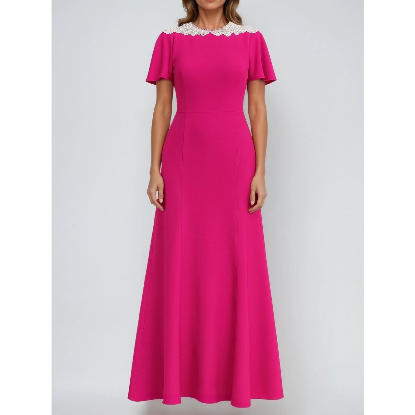 Nwt Rene Rene Ruiz Pink Crepe Flutter Sleeve Beaded Collar Gown Size 16